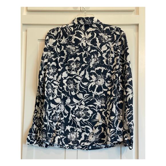 Jones New York Sport Navy/White Floral button up blouse XL 100% Cotton - Picture 2 of 9